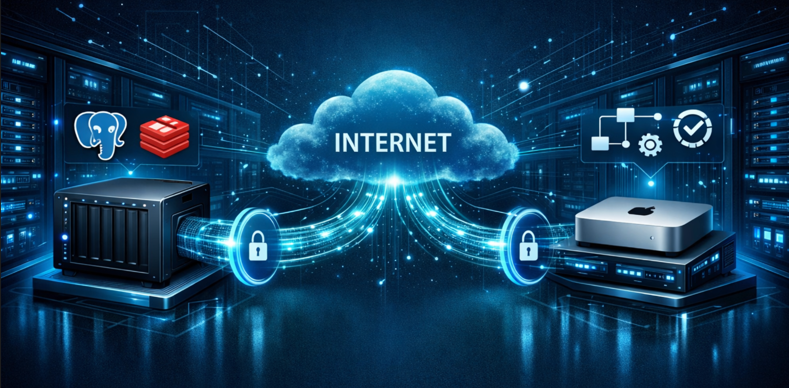 회사의 Synology NAS Docker에 설치된 Postgres와 집에 위치한 Mac Mini에 설치된 n8n간의 원격 연결을 위한 인프라를 구성합니다