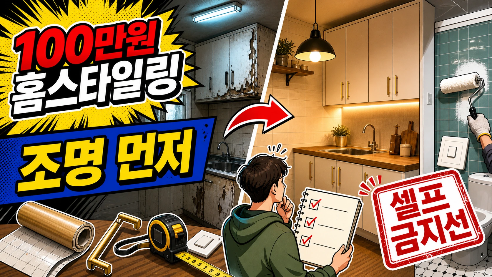 낡은 전월세집 주방이 따뜻한 조명과 싱크대 시트지, 새 손잡이, 욕실 페인트로 바뀌는 초저예산 홈스타일링 썸네일