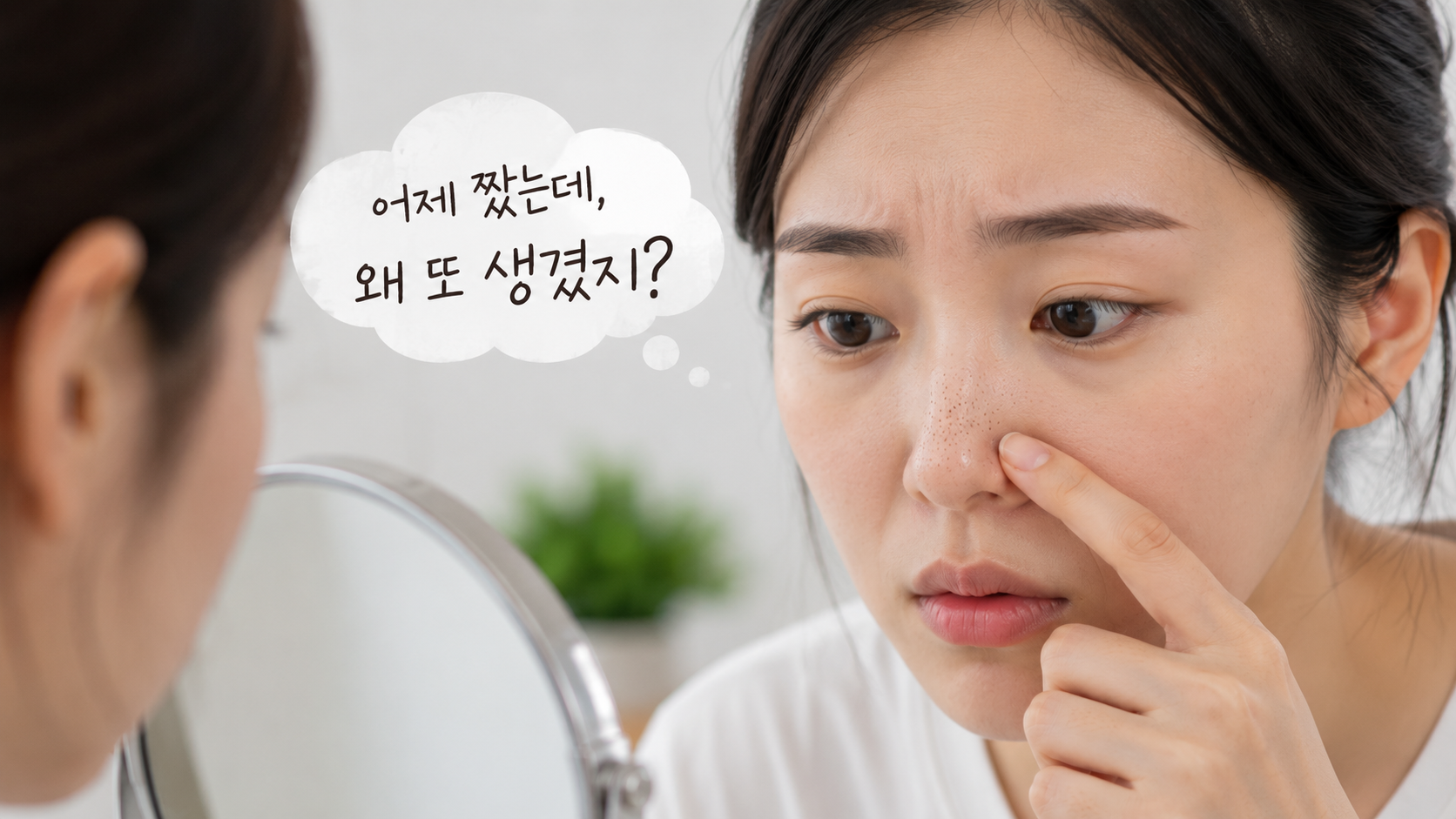 밝은 창가에서 코 주변을 자세히 살펴보는 자연스러운 분위기