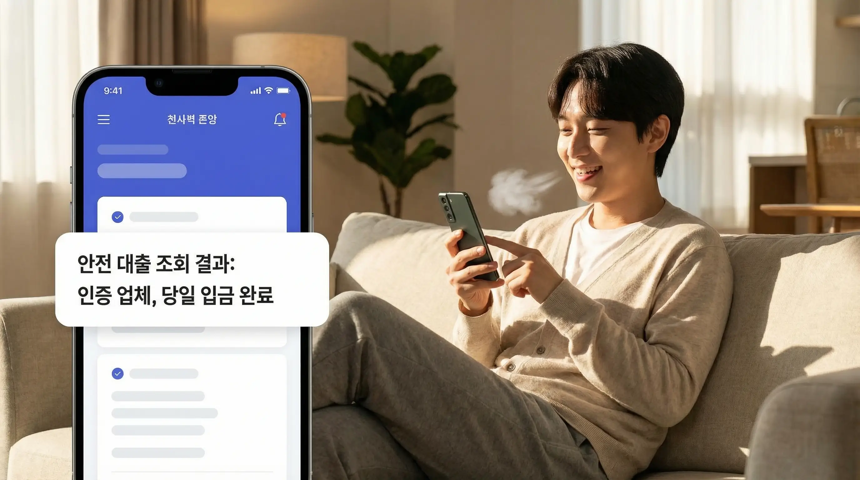 스마트폰으로 안전한 급전 대출 업체를 조회하고 당일 입금 받아 급한 불을 끄는 안도하는 모습