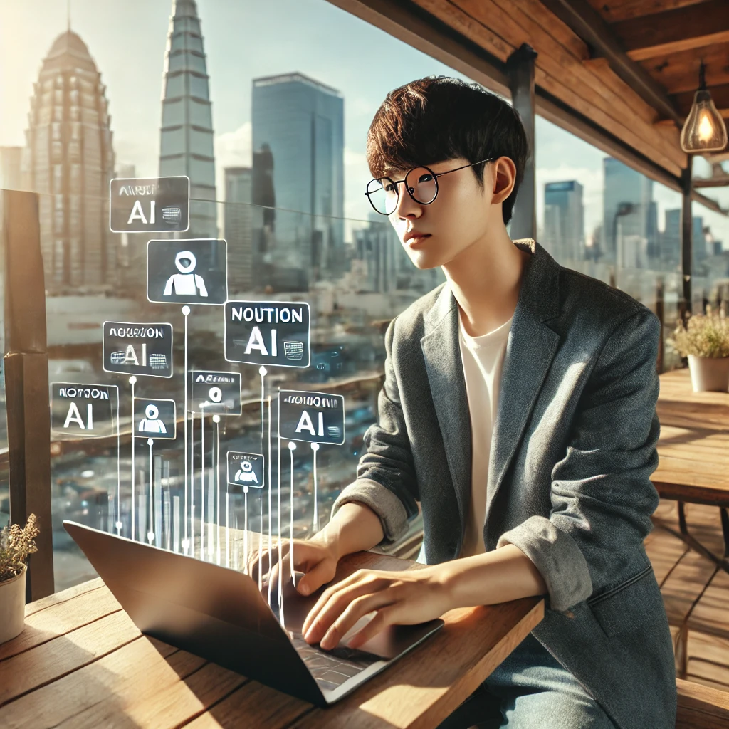 DALL·E 2025-04-08 10.49.27 - A young Korean entrepreneur testing multiple ad copy versions for a new campaign using Notion AI on a foldable laptop at a rooftop cafe. Urban skyline.webp