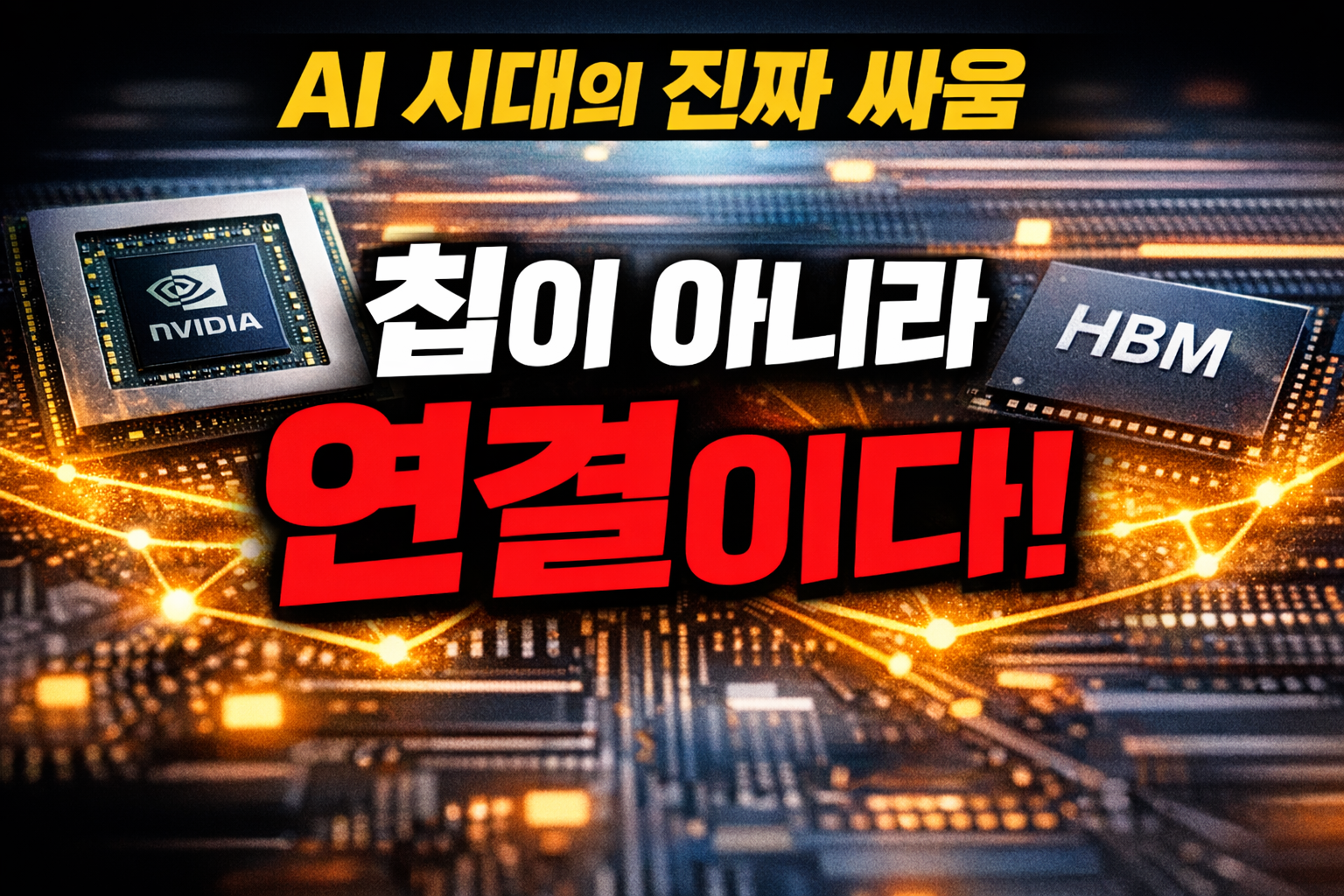 AI 반도체 구조와 어드밴스드 패키징 중요성을 보여주는 이미지, GPU와 HBM 연결 개념 설명