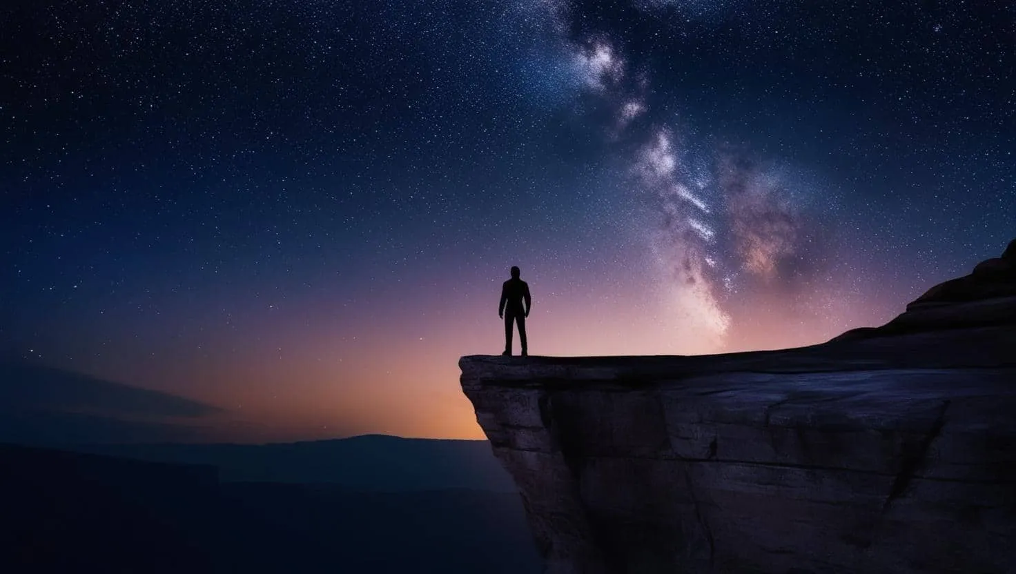 밤하늘 은하수를 배경으로 절벽 끝에 서 있는 인물의 실루엣, 광활하고 신비로운 분위기의 풍경 이미지.