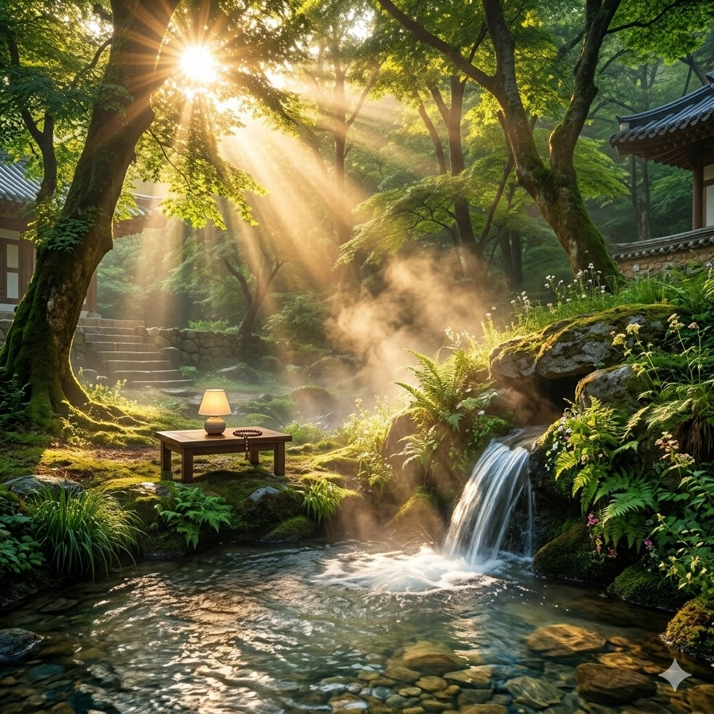 황금빛 햇살이 내리쬐는 숲속에서 맑은 샘물이 솟아오르는 신비로운 풍경. Morning sunlight shining over the clear spring water of Sujeongsa Valley with mysterious mist rising.
