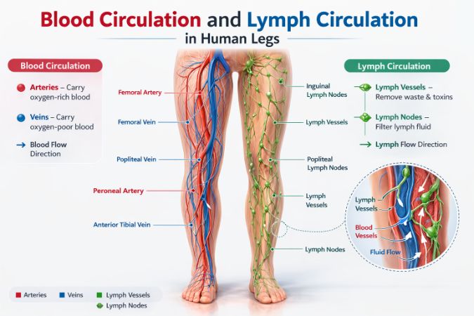 다리 붓기와 관련된 혈액 순환과 림프 순환 설명 이미지