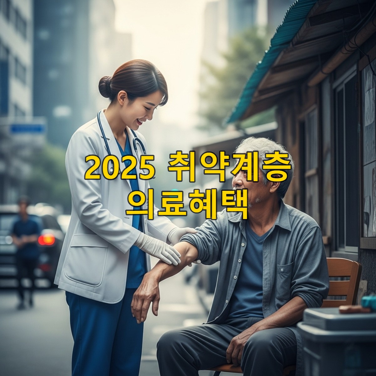 따뜻한 표정의 의료진이 노숙인에게 다가가 건강을 살피는 모습. 도시 배경 속에서 취약계층을 위한 의료 지원의 중요성을 보여줍니다.