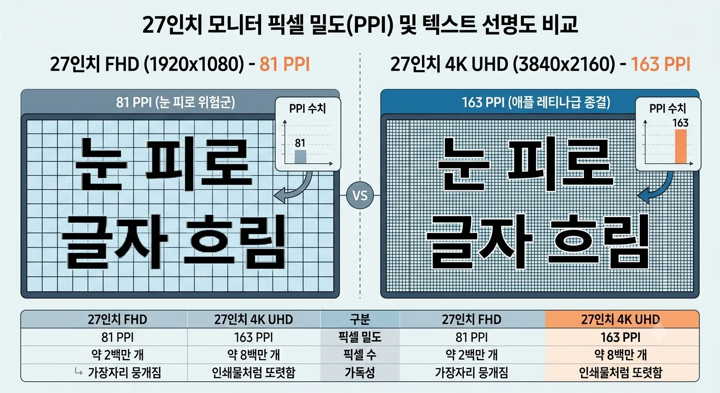27인치 FHD 81 PPI와 4K UHD 163 PPI 텍스트 픽셀 밀도 가독성 비교 인포그래픽