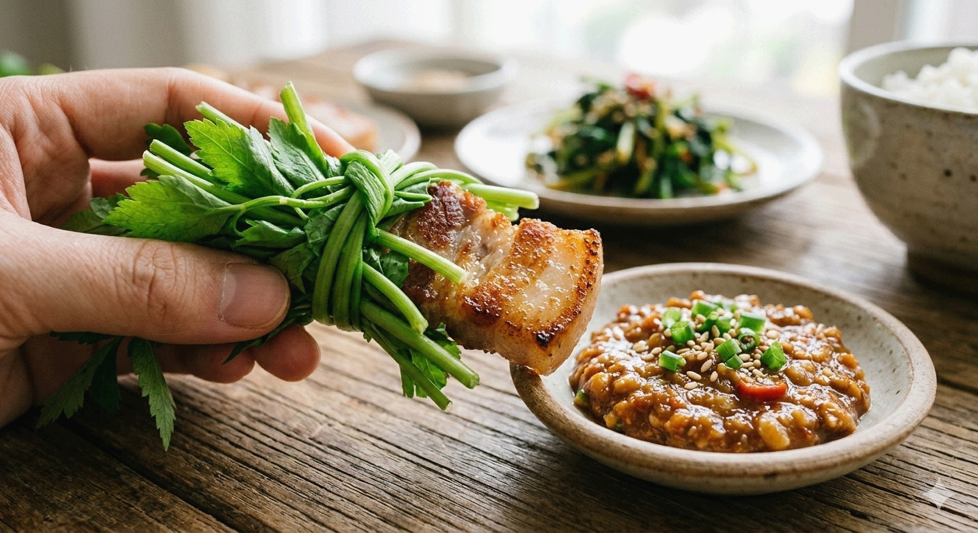 삼겹살을 제철 미나리에 싸서 먹는 맛있는 한 입 클로즈업