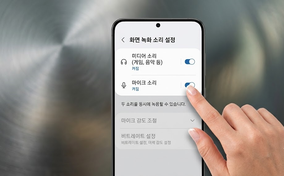 갤럭시 화면 캡처 및 화면 녹화 설정 메뉴에서 소리 옵션을 미디어 및 마이크로 지정하는 캡처 화면