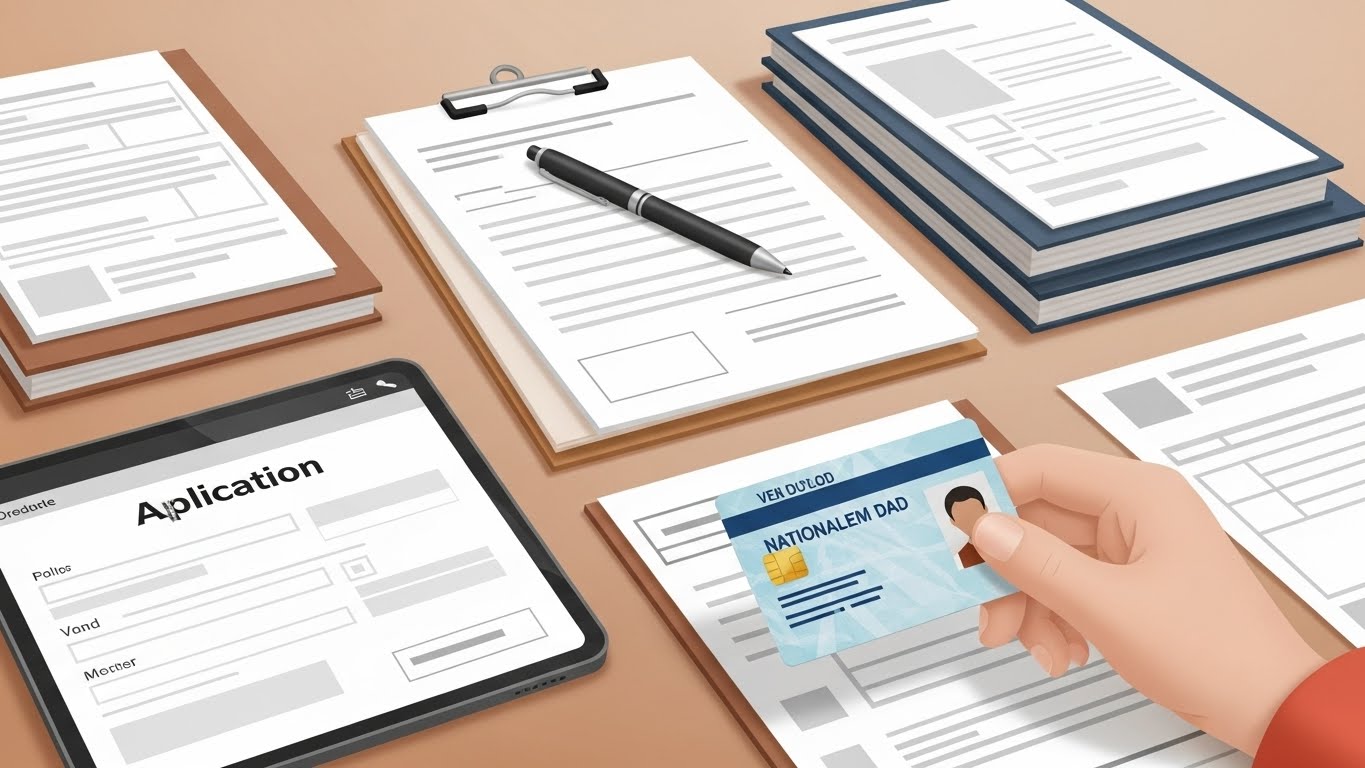 신분증과 함께 잘 정리된 서류, 온라인 신청 양식이 보이는 태블릿. 청년 주택드림 청약통장 가입에 필요한 서류 준비 과정을 쉽고 효율적으로 보여줍니다.