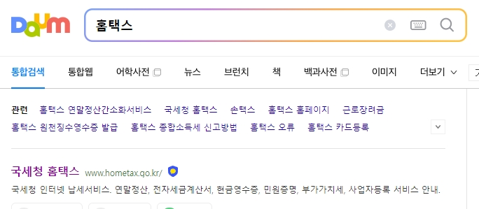 포털 사이트 검색 결과에서 국세청 메인 사이트와 홈택스 서비스 페이지를 비교하는 화면