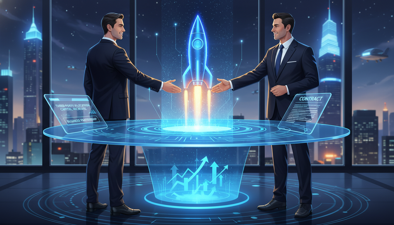 제3자배정 유상증자를 통한 성공적인 파트너십과 주가 상승을 상징하는 일러스트