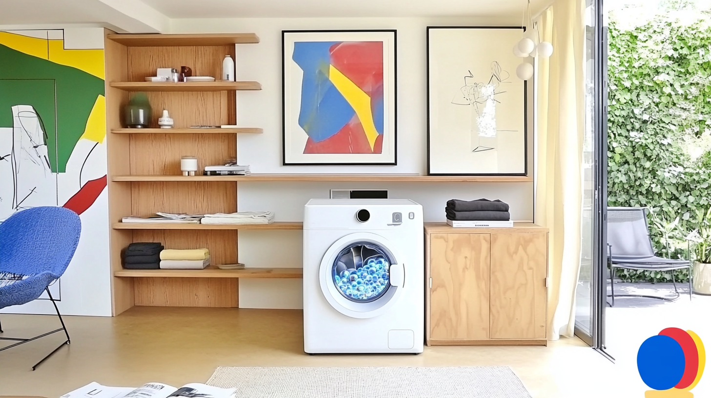 삼성 그랑데 세탁기가 목재 선반과 현대적인 인테리어가 어우러진 아늑한 세탁 공간에 통합된 모습