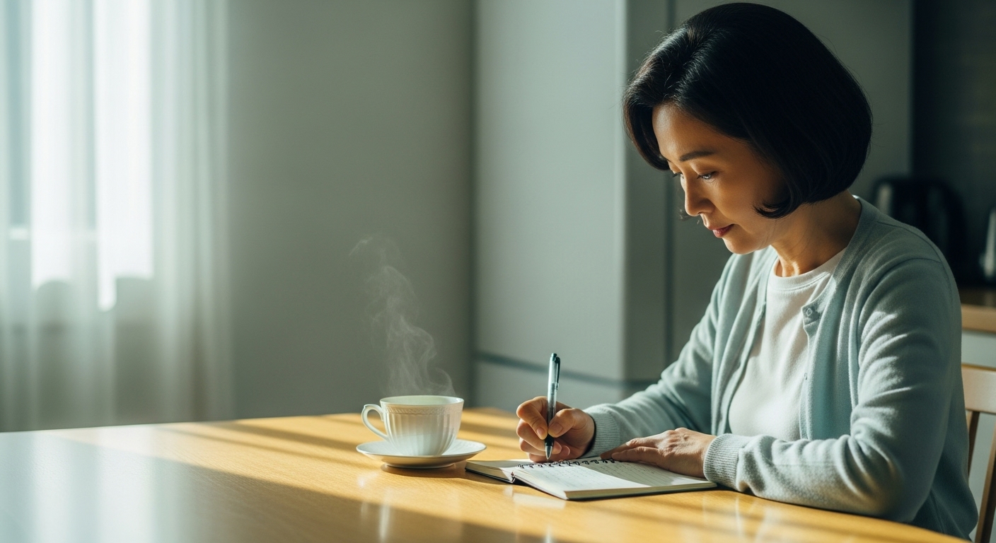 감정 온도계를 기록하는 50대 한국인 여성의 아침