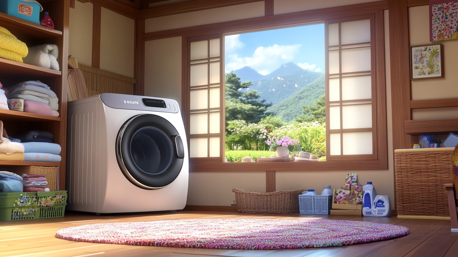 전통적인 요소와 최첨단 기술이 조화를 이룬 한국 전통 가정집에 놓인 삼성 세탁기의 모습