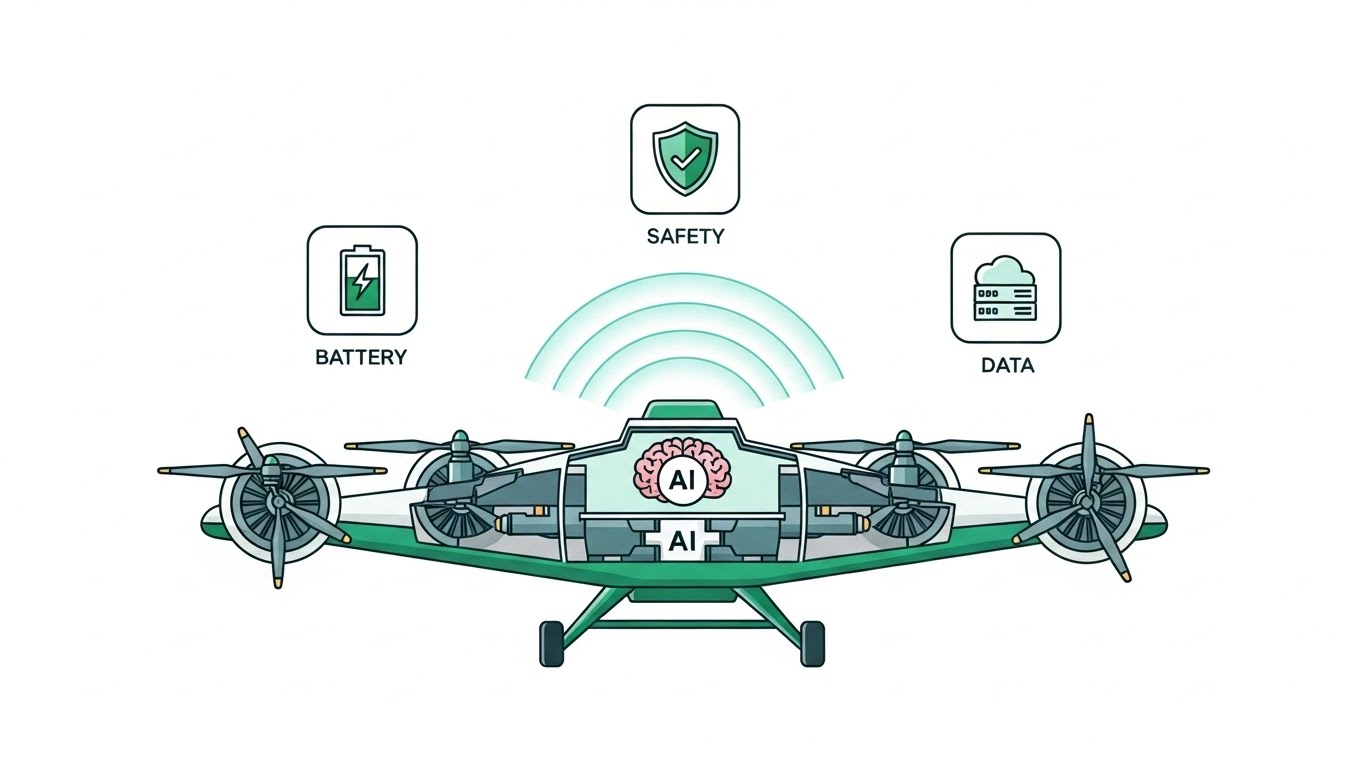 다중 프로펠러와 AI 관제 데이터를 통해 항공 운항의 안전성을 확보하는 UAM 기술 상징 일러스트