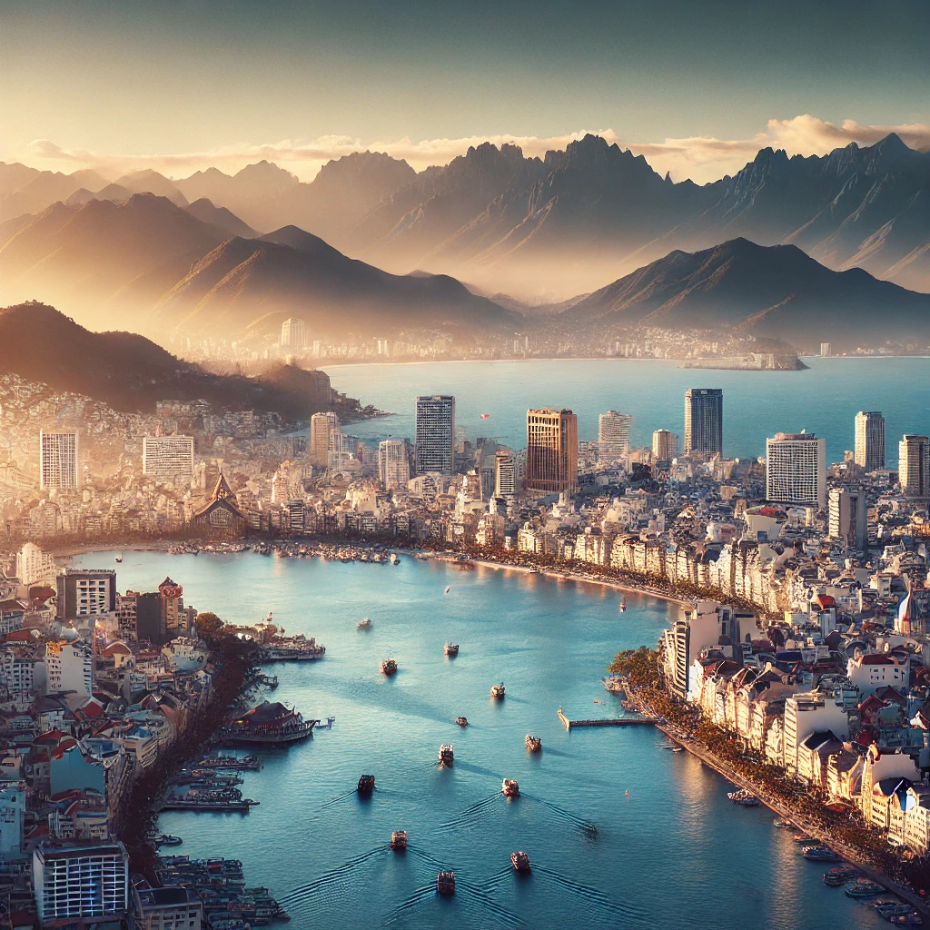 산과 바다가 있는 아름다운 도시 풍경