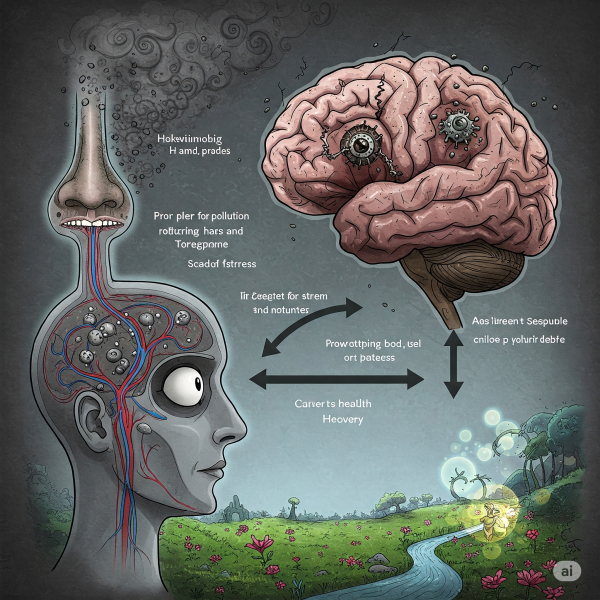 오염된 공기가 뇌에 영향을 미쳐 스트레스 반응을 일으키는 과정을 보여주는 개념도 - 정신 건강 회복의 중요성