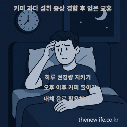 불면증에 시달리며 침대에 누워 고민하는 남성 일러스트와 섭취 습관 개선 팁 텍스트