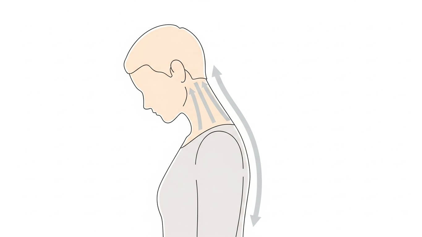 거북목 자세를 보여주는 목과 척추 정렬 일러스트, 잘못된 자세 설명 이미지