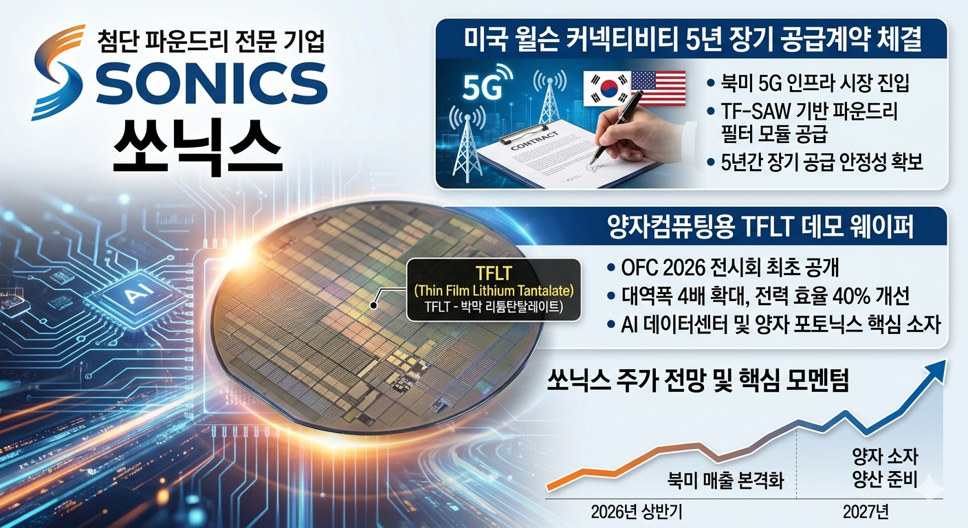 "쏘닉스 로고와 미국 윌슨커넥티비티 5년 장기 공급계약 체결 뉴스, 양자컴퓨팅용 TFLT 데모 웨이퍼 실물 사진이 포함된 주가 전망 분석 이미지"