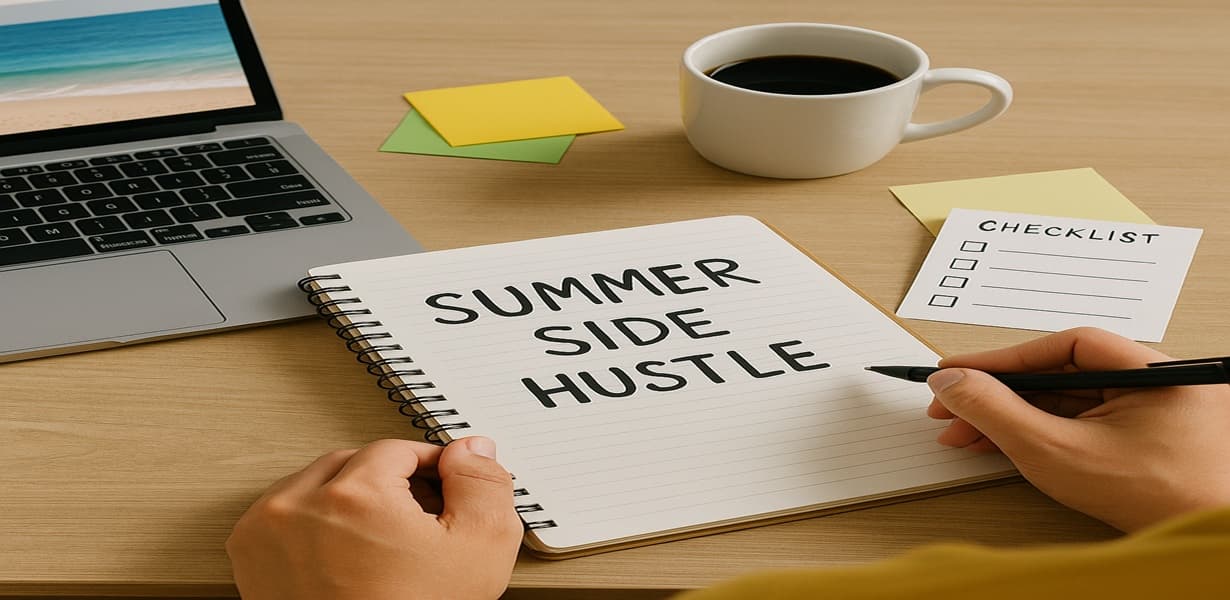 “SUMMER SIDE HUSTLE이라 적힌 노트를 쓰고 있는 장면 – 옆엔 바다 사진이 나온 노트북, 커피, 체크리스트와 포스트잇이 놓여 있음”