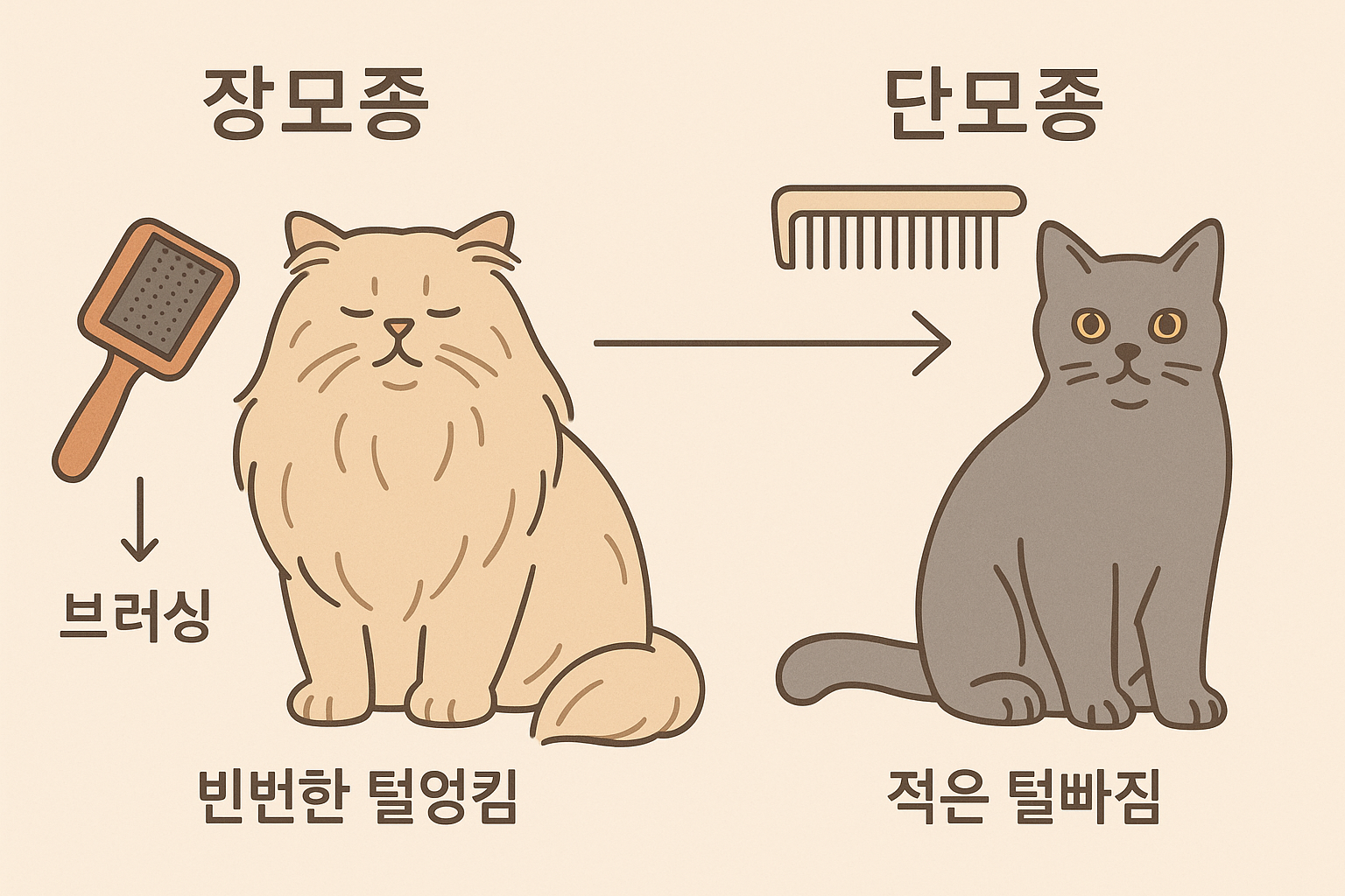 고양이 장모종과 단모종의 특징을 비교하는 그림