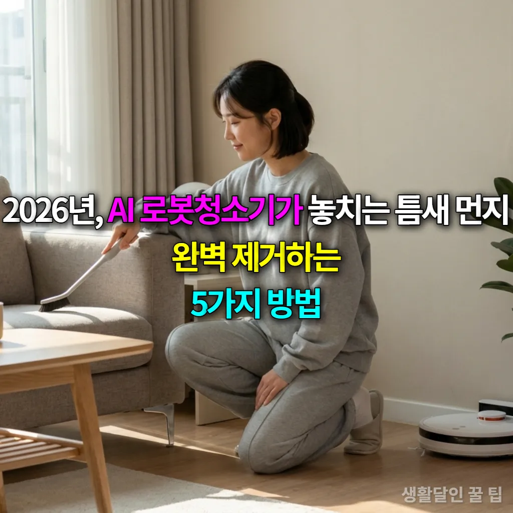 로봇청소기가 놓친 소파 틈새를 긴 브러시로 청소하는 한국 여성