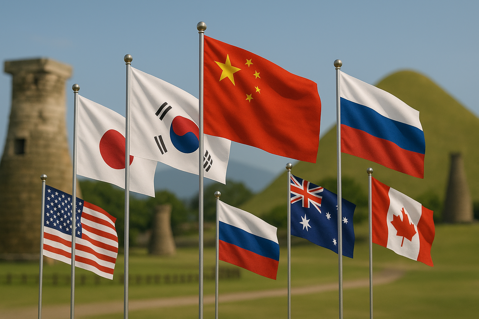 경주에서 열리는 APEC에 참가하는 나라의 국기들 (미국, 일본, 한국, 중국, 러시아, 호주, 캐나다 등)