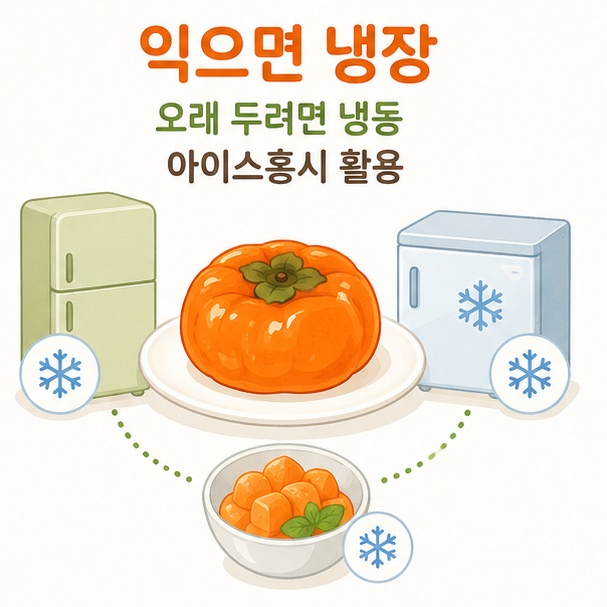 잘 익은 홍시를 냉장 보관하거나 냉동해 아이스홍시로 활용하는 방법을 정리한 이미지