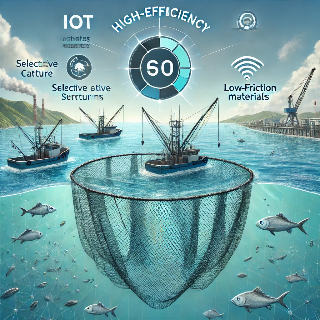 이 이미지는 자원 효율성을 극대화하기 위해 설계된 고효율 어망 기술을 표현합니다. 선택적 포획 구조와 실시간 모니터링을 위한 IoT 센서, 에너지 소모를 줄이는 저마찰 재질의 어망이 강조되어 있으며, 깨끗한 바다와 다양한 어종이 함께 묘사되어 지속 가능한 어업과 자원 보호의 중요성을 상징적으로 나타내고 있습니다.