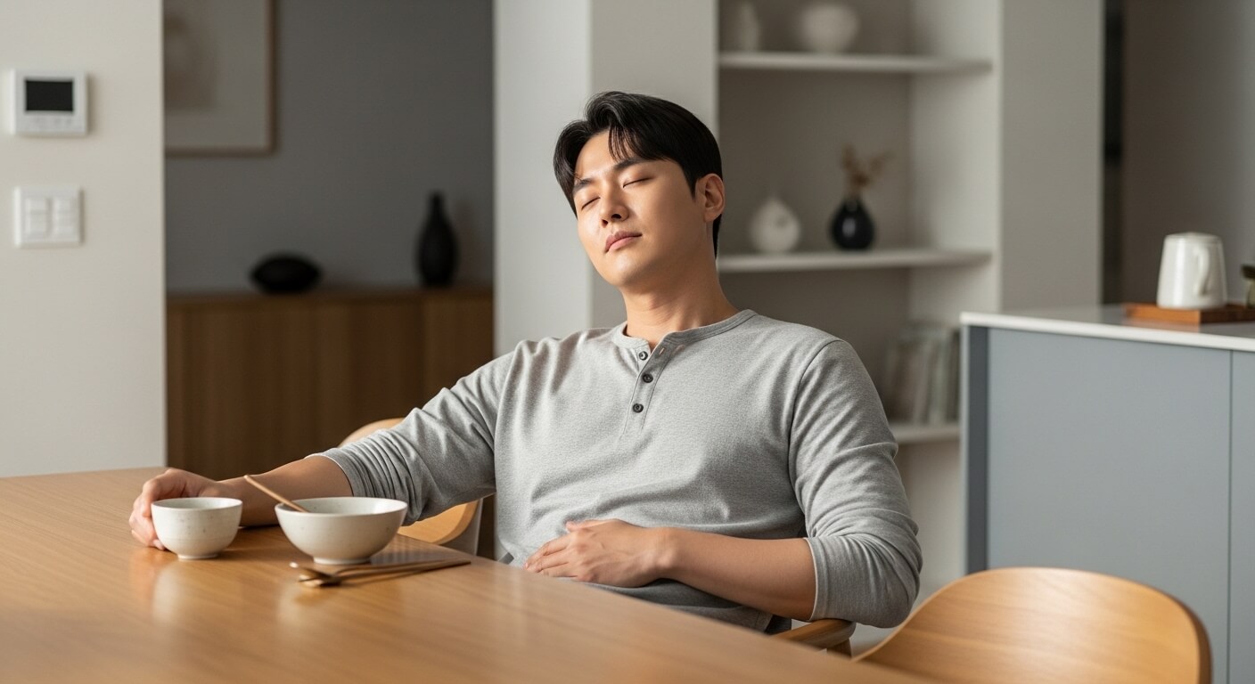 식사 후 식탁에 앉아 졸음을 느끼며 눈을 감고 있는 남성의 모습