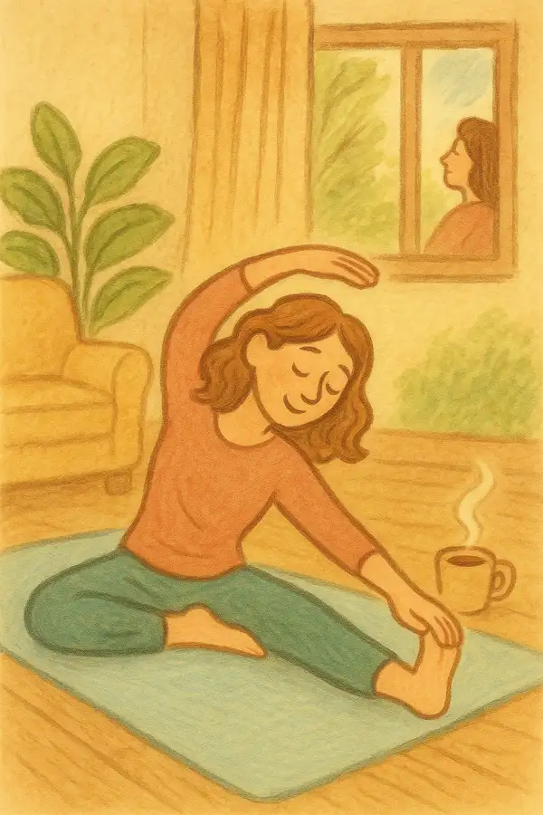 집에서 요가 매트 위에서 스트레칭을 하거나 따뜻한 차를 마시며 창밖을 바라보는 평화로운 모습