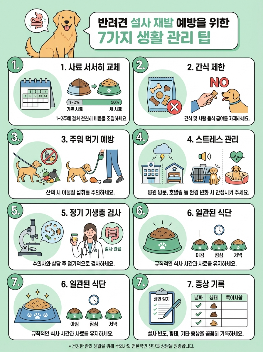 강아지 설사 재발 줄이는 7가지(사료 전환, 간식 제한, 주워먹기 차단, 스트레스 관리, 정기 대변검사)