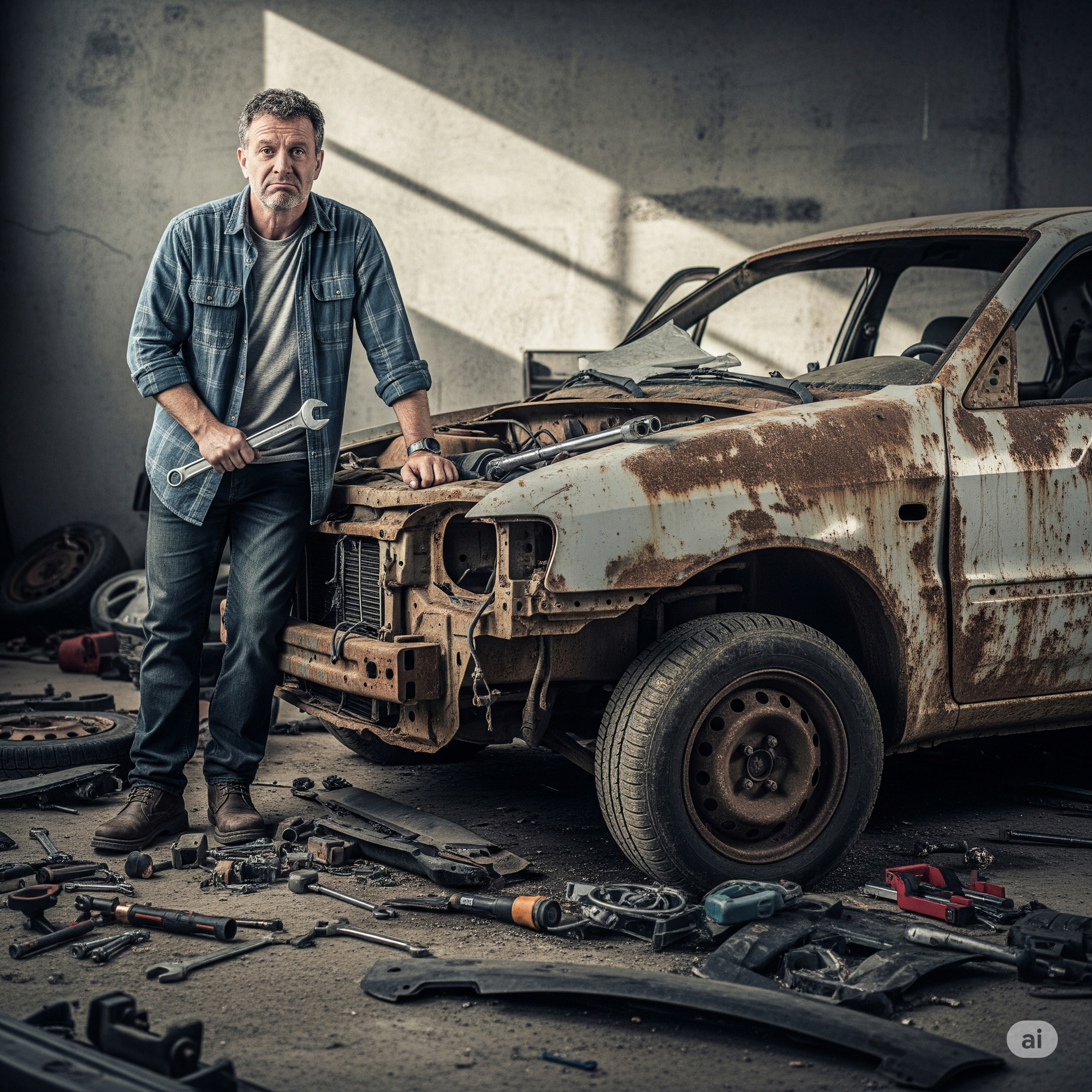 오래된 자동차를 수리비가 더 들지만 처음 산 가격을 내려놓지 못하고 계속 고치려는 남자