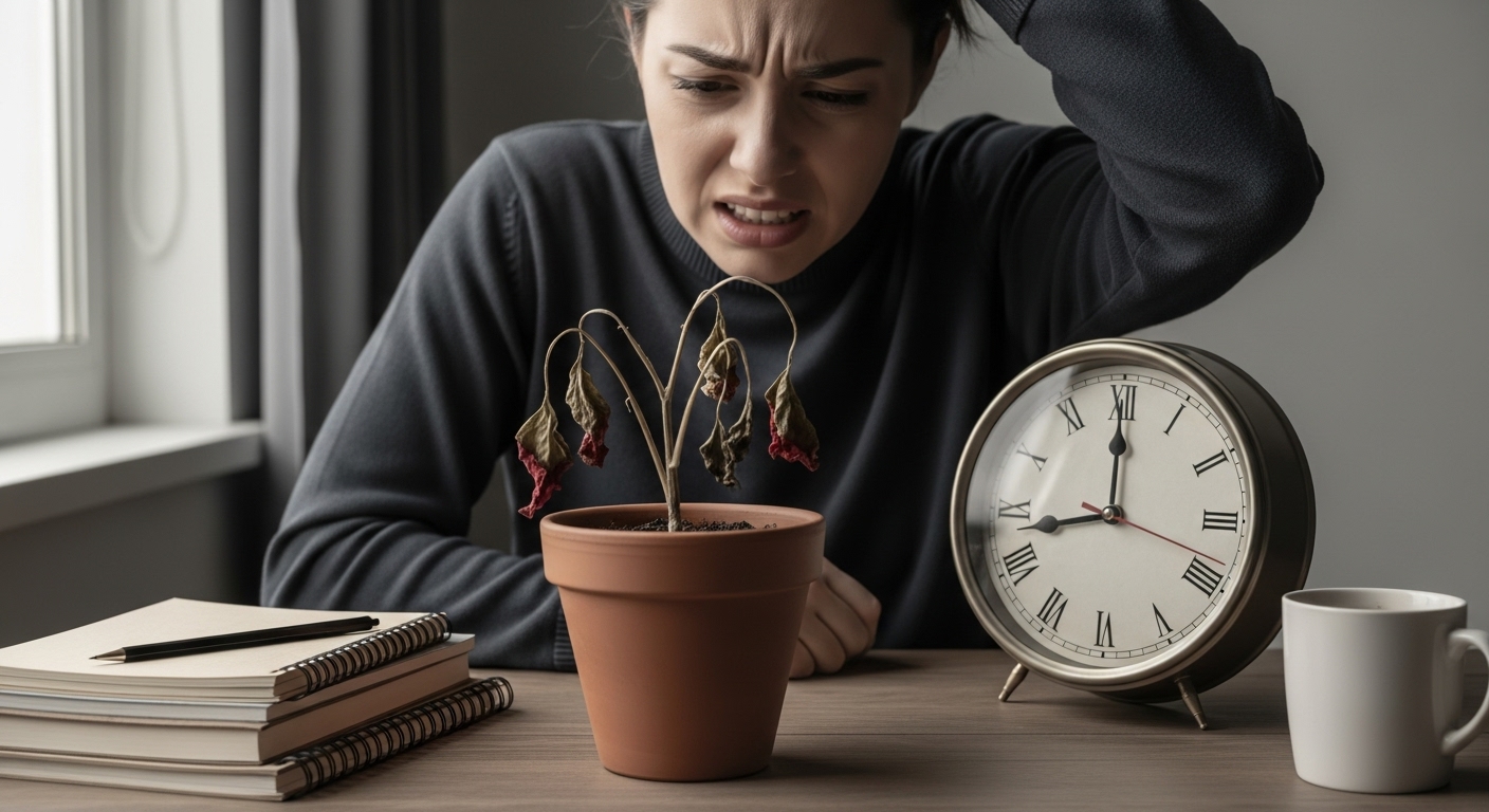 작은 식물이 시들어가는 모습을 보며 좌절하는 사람이 시간을 바라보는 장면. 부업 채널 운영 시 겪는 조급함과 일관성 부족 등의 흔한 실수를 시각적으로 표현합니다.
