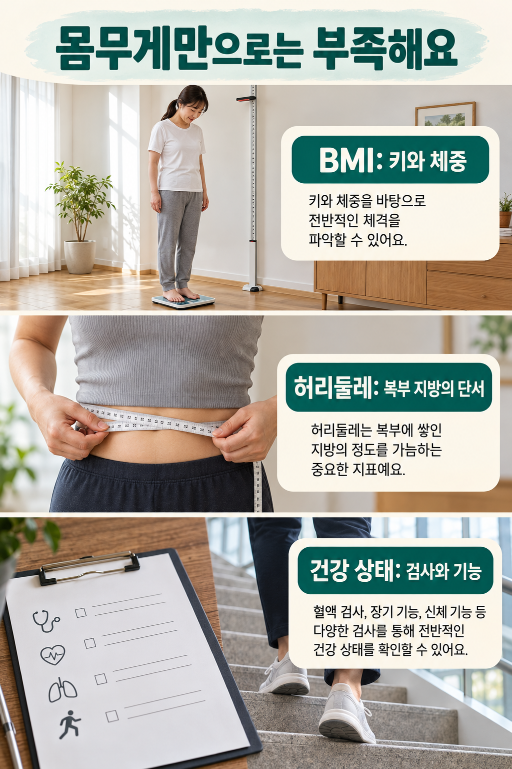 키와 체중으로 계산하는 BMI, 허리둘레, 검진과 움직임을 서로 다른 정보로 나누어 보여 준 구성