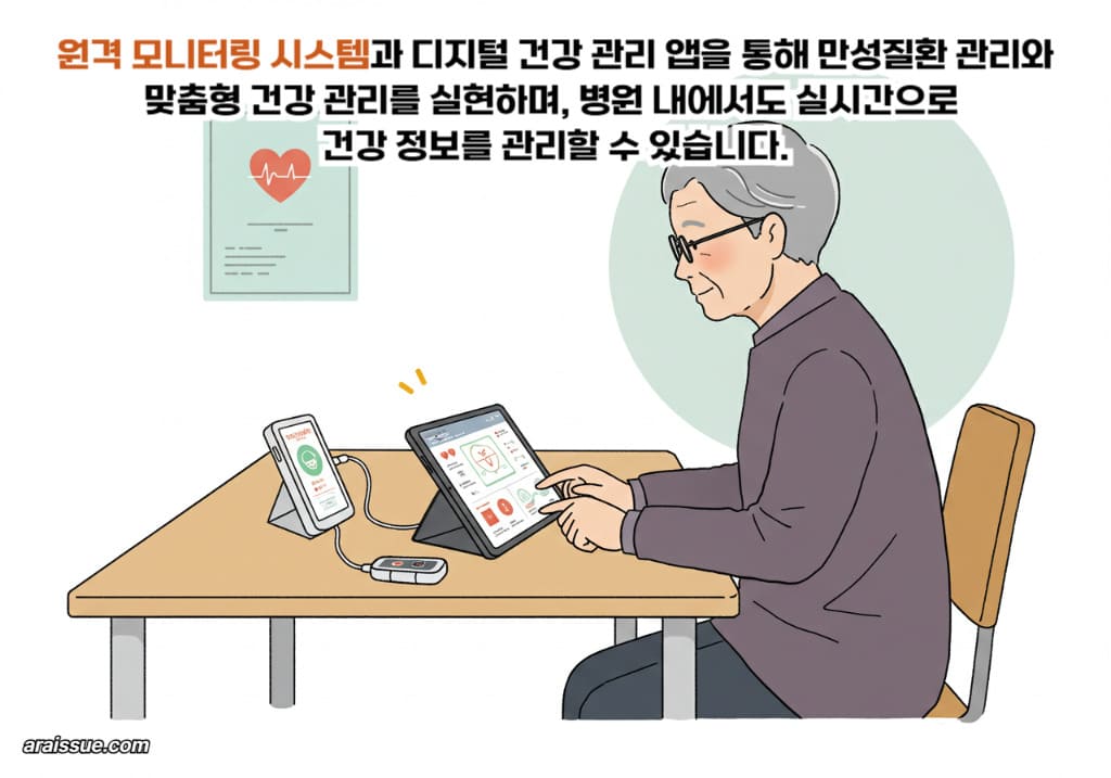 고령 환자가 원격 모니터링 장비와 건강 관리 앱을 사용하여 만성질환 관리와 맞춤형 건강 관리를 실천하는 장면으로, 디지털 기술이 건강검진 효율성과 맞춤형 건강 관리에 미치는 영향을 보여줍니다.