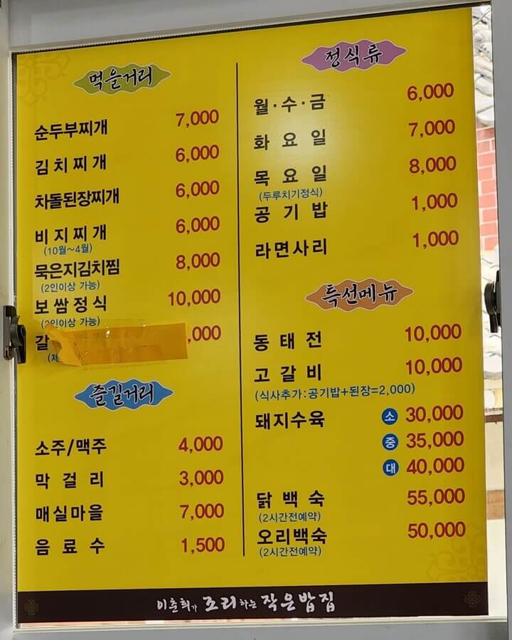 벽에 붙은 메뉴판