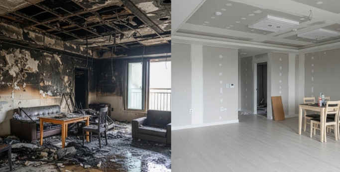 화재 청소 후 복구중