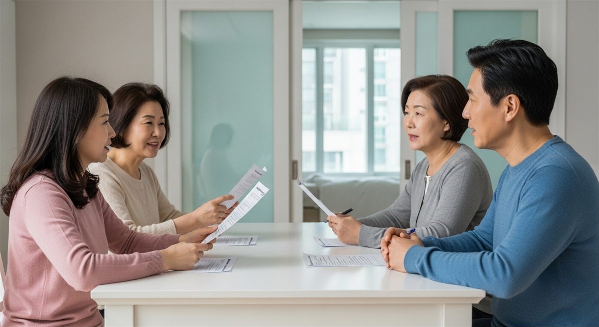 가족이 식탁에 둘러앉아 지원 대상 여부를 상의하는 장면 