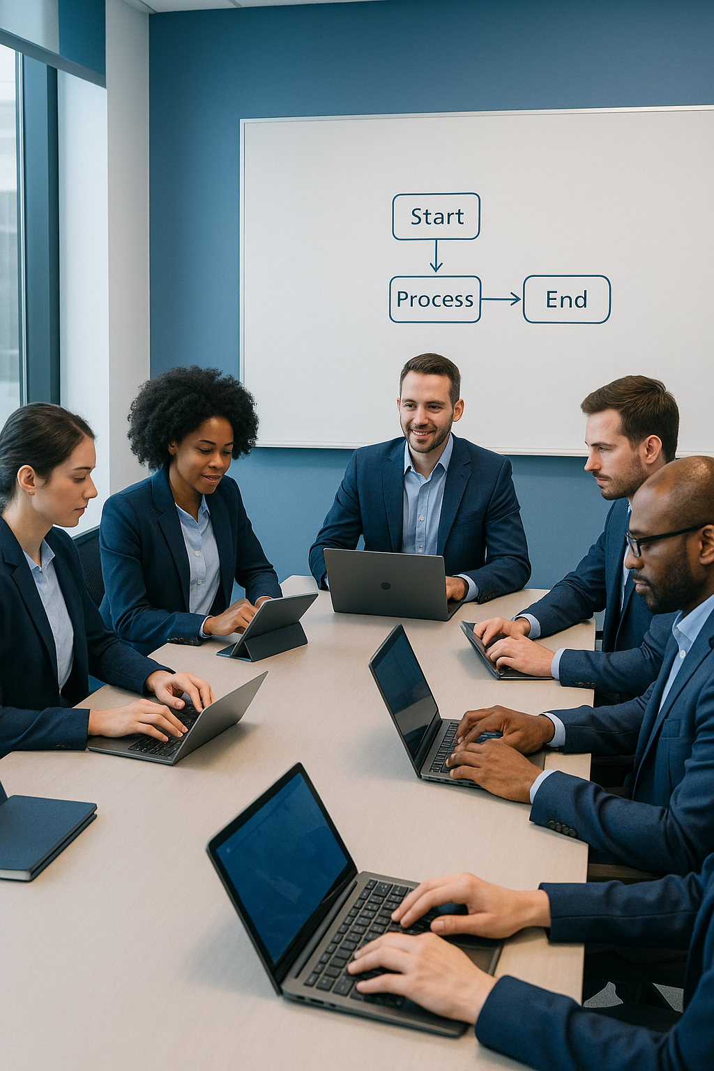 현대적 스타일의 회의 장면, 6명이 회의실에 앉아 노트북과 태블릿을 활용 중, 화이트보드에는 간단한 프로세스 다이어그램이 그려져 있음, 깔끔하고 전문적인 느낌, 기업 블루톤, 고화질