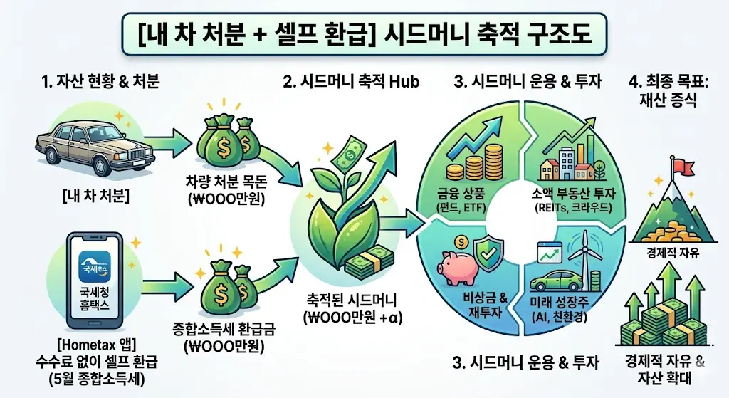 내 차를 처분하고 생긴 목돈과 국세청 홈택스 앱을 통해 수수료 없이 셀프 환급받은 5월 종합소득세를 합쳐 시드머니를 쌓아가는 구조도