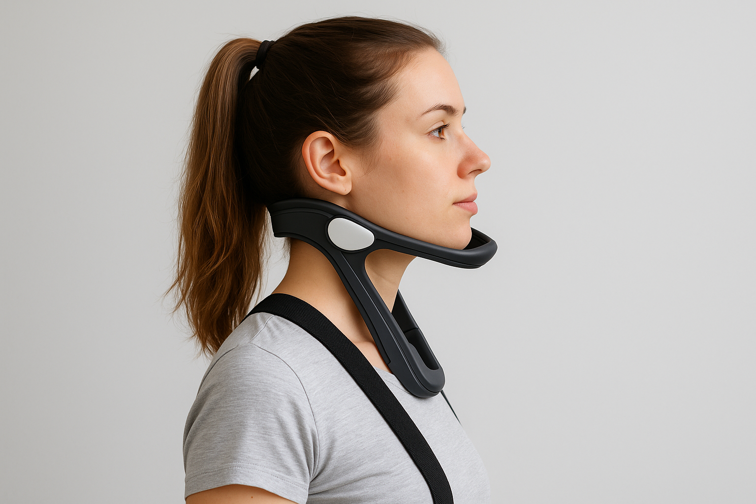 거북목 교정기를 한 여성