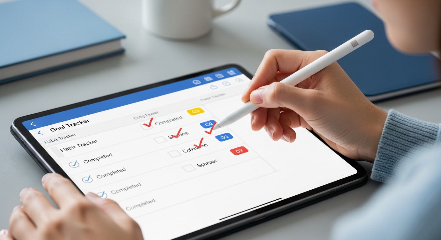 태블릿 화면의 디지털 플래너에서 습관 트래커의 목표 달성 항목을 디지털 펜으로 체크하는 손. 시각적인 성취감을 강조하는 이미지.