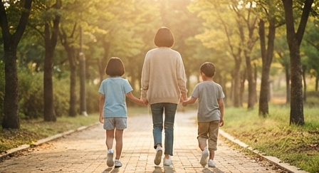 아이와 손잡고 걸어가는 뒷모습, 따뜻한 햇살