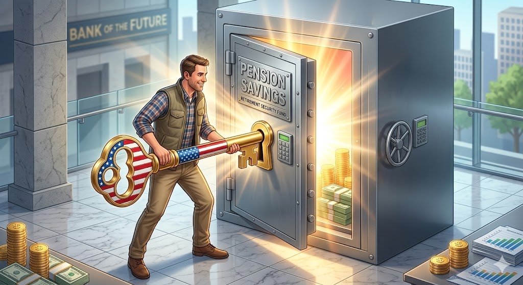 성조기 문양이 새겨진 거대한 황금 열쇠(미국 ETF)를 든 아빠가 '연금저축'이라고 적힌 든든한 금고를 열고 있는 화려한 3D 일러스트