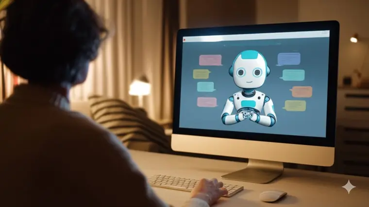 감성적인 조명이 켜진 방에서 AI 챗봇과 감정 교류 중인 사용자 모습. 인공지능과의 정서적 교감을 시각적으로 표현한 이미지.