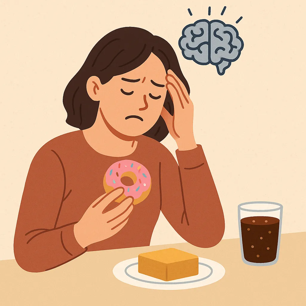 피곤한-표정으로-도넛을-들고-있는-여성의-모습-뇌가-에너지를-빠르게-보충하기-위해-단-음식을-갈망하는-현상을-표현한-장면
