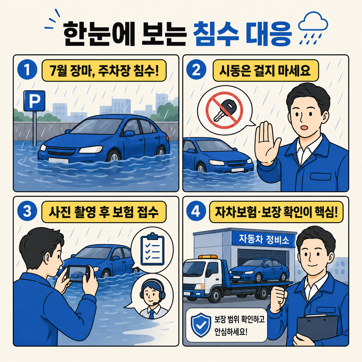 7월 장마로 주차장이 침수된 상황에서 시동을 걸지 않고 사진 촬영 후 보험 접수를 하며 자차보험과 보장 범위를 확인하는 침수 대응 방법을 네 컷 만화로 설명한 이미지.